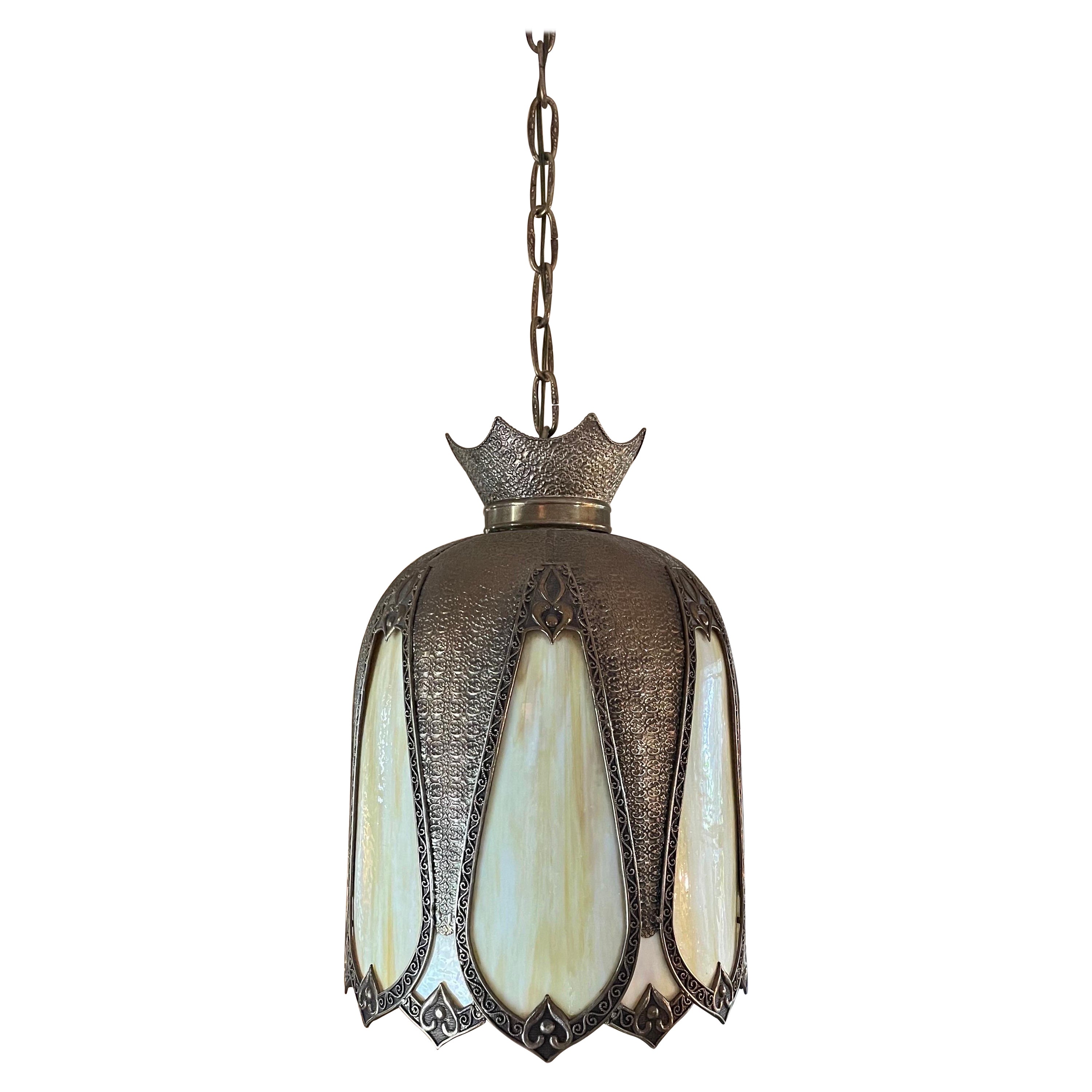 Mediterranean Slag Stained Glass Bronze Pendant Chandelier For Sale