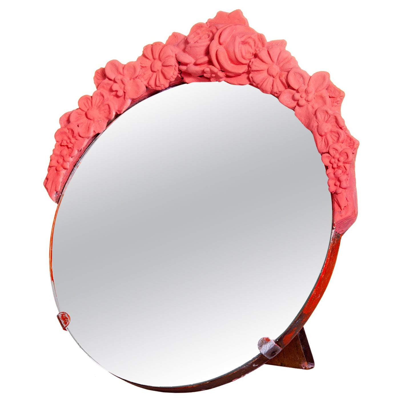 Miroir rond italien vintage Barbola à chevalet avec crête florale