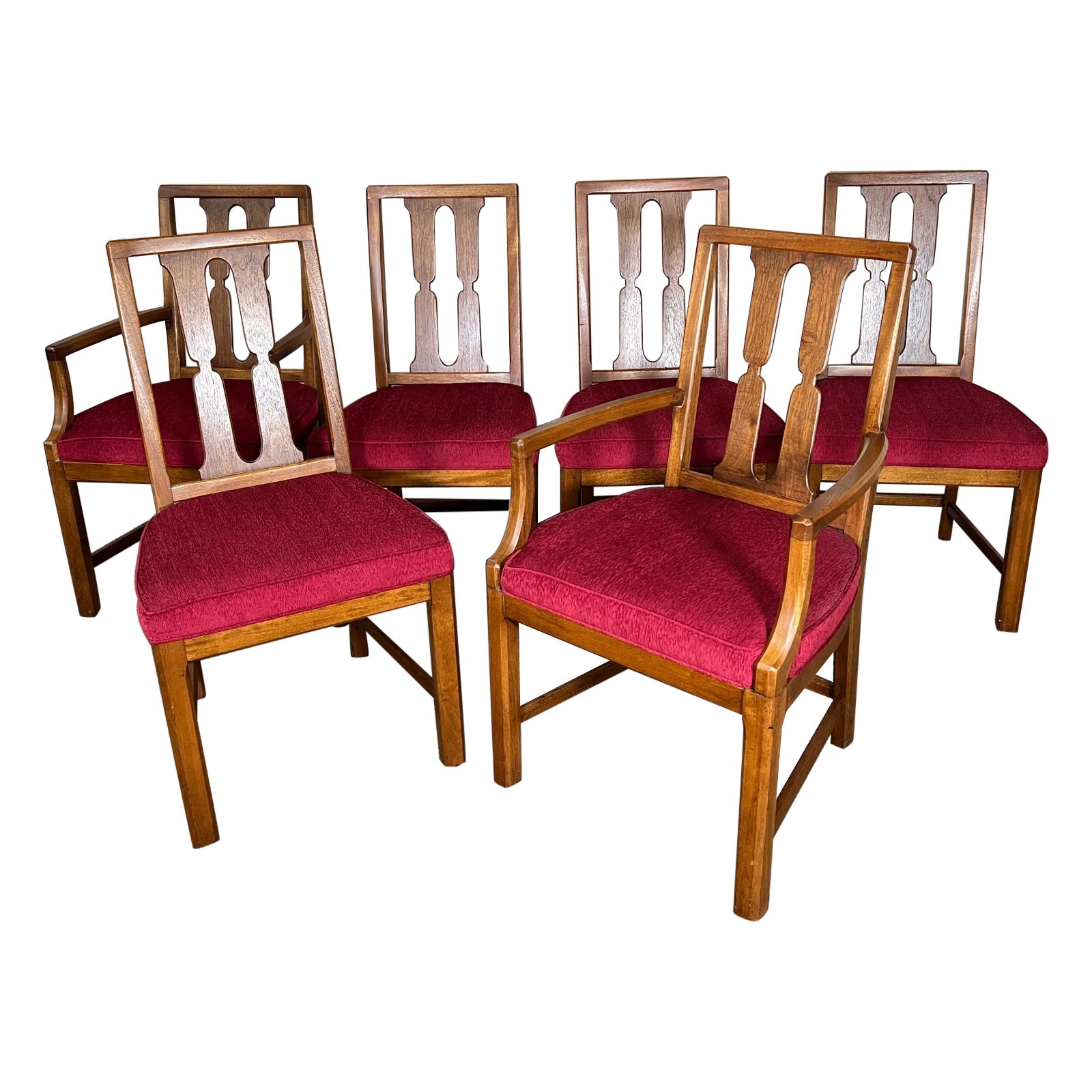 Ensemble de 6 pièces Mid Century  Chaises de salle à manger modernes en noyer avec sièges rouges par Henredon