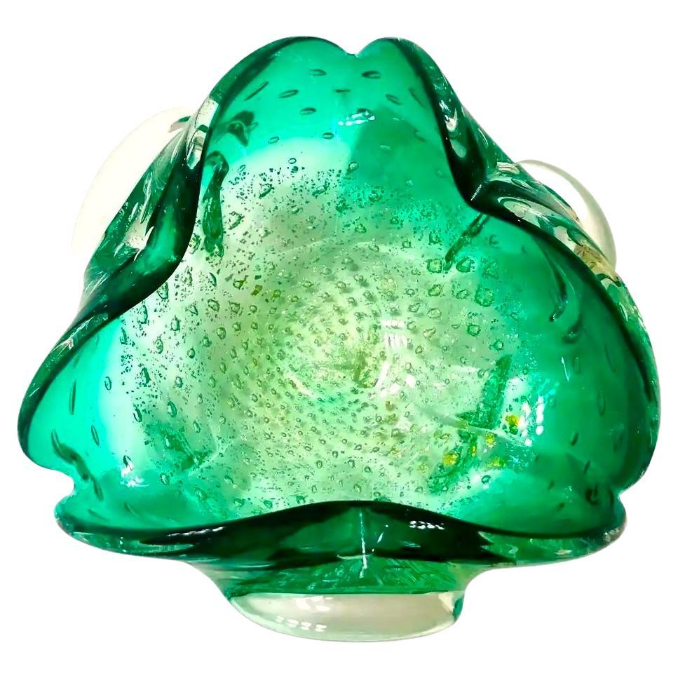 Green Murano Vide-Poche Bowl or Ashtray with Gold Leaf Accents, Italy, c. 1950 For Sale