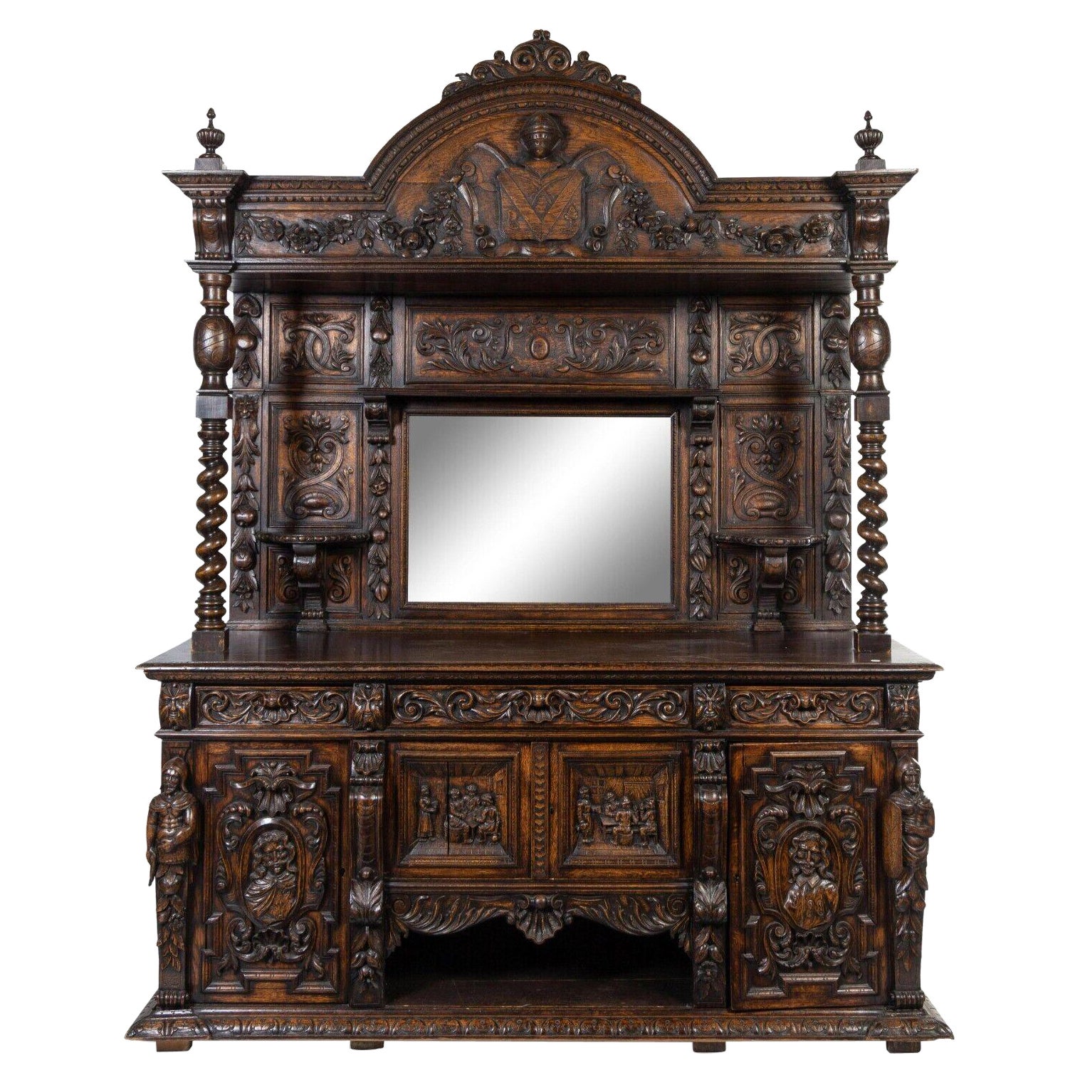 19th Century Antique Renaissance Revival Carved Oak, Mirror, Server / Sideboard