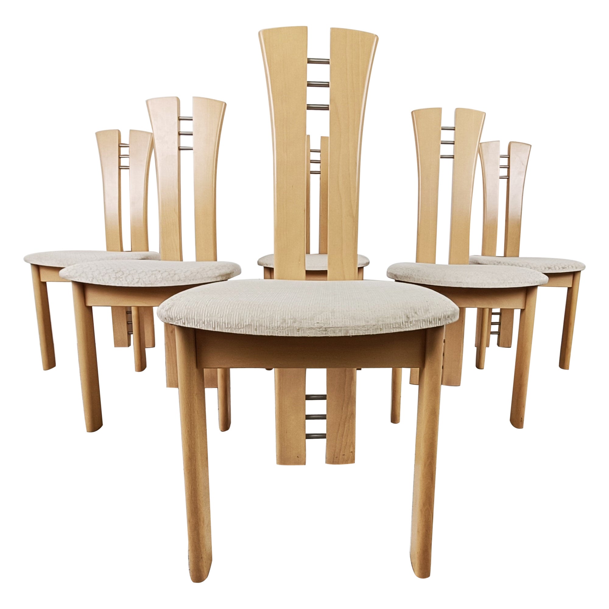 Ensemble de 6 chaises de salle à manger en bois à haut dossier, années 1990