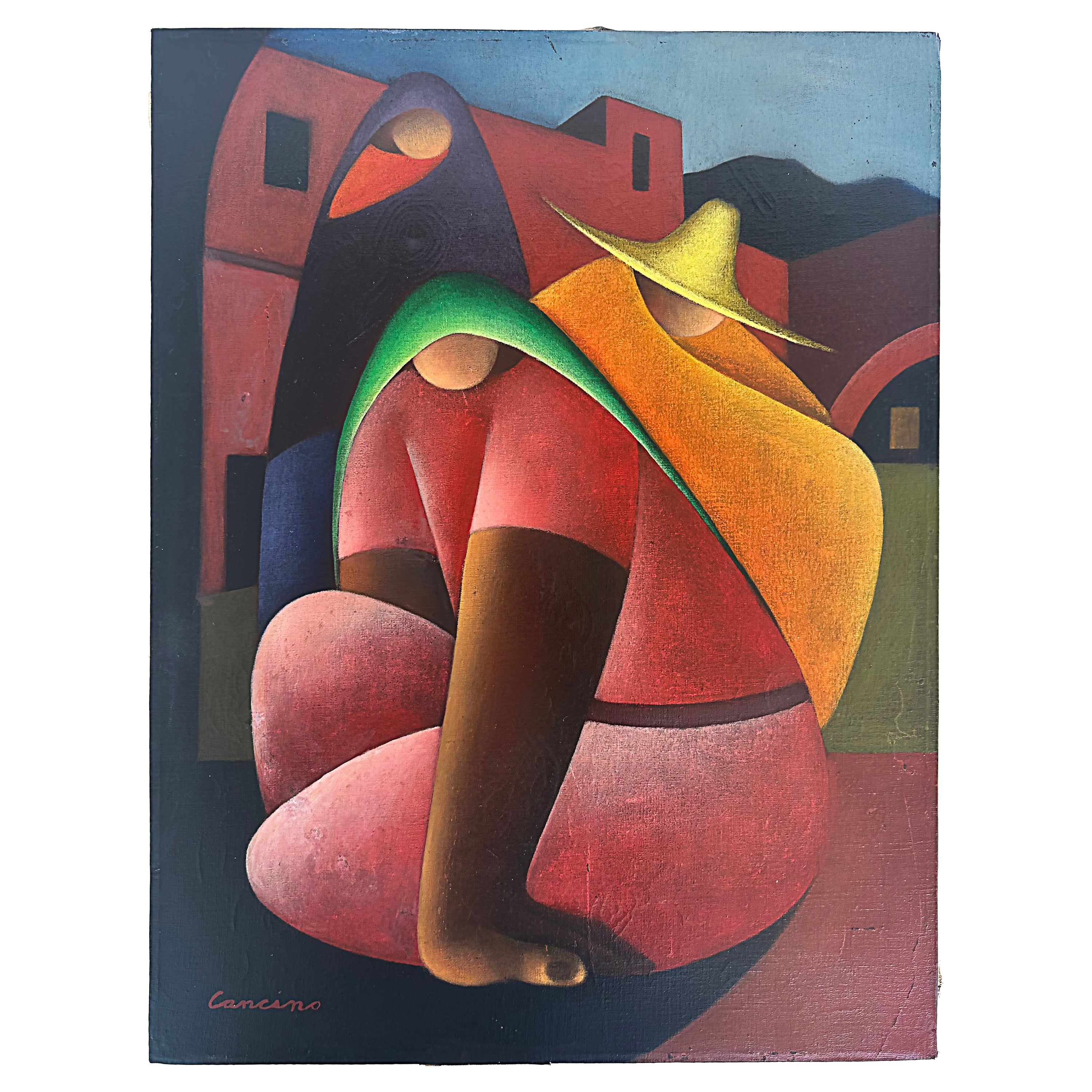 Peinture abstraite de Victor Manuel Cancio « Au marché » des années 1970, Mexique  en vente