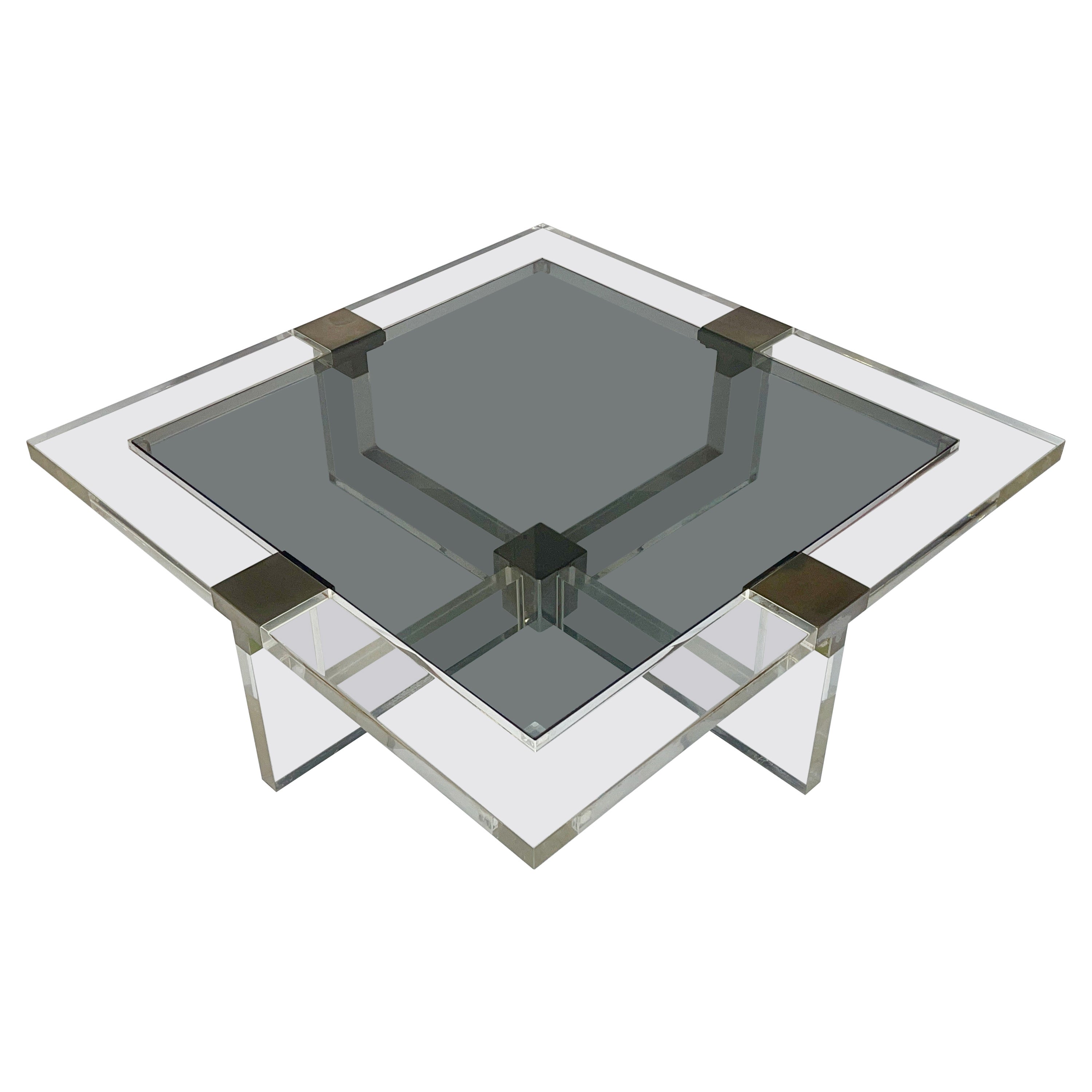 Sandro Petti for L'AngoloMetallArte Lucite, Chrome & Smoked Glass Cocktail Table For Sale