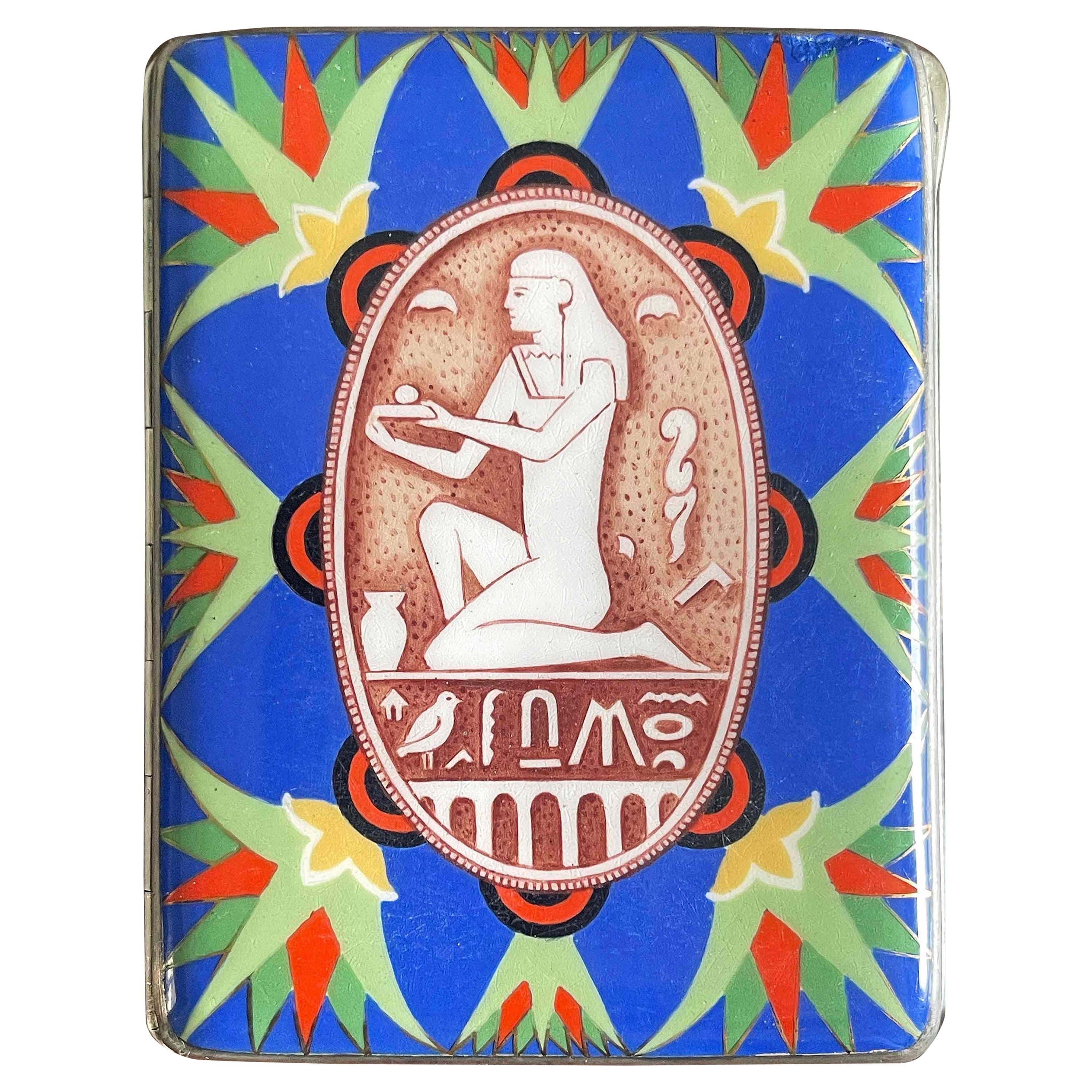 Egyptian Revival Compact/Cigarette Case, Sterling Silver & Enamel, Art Deco For Sale