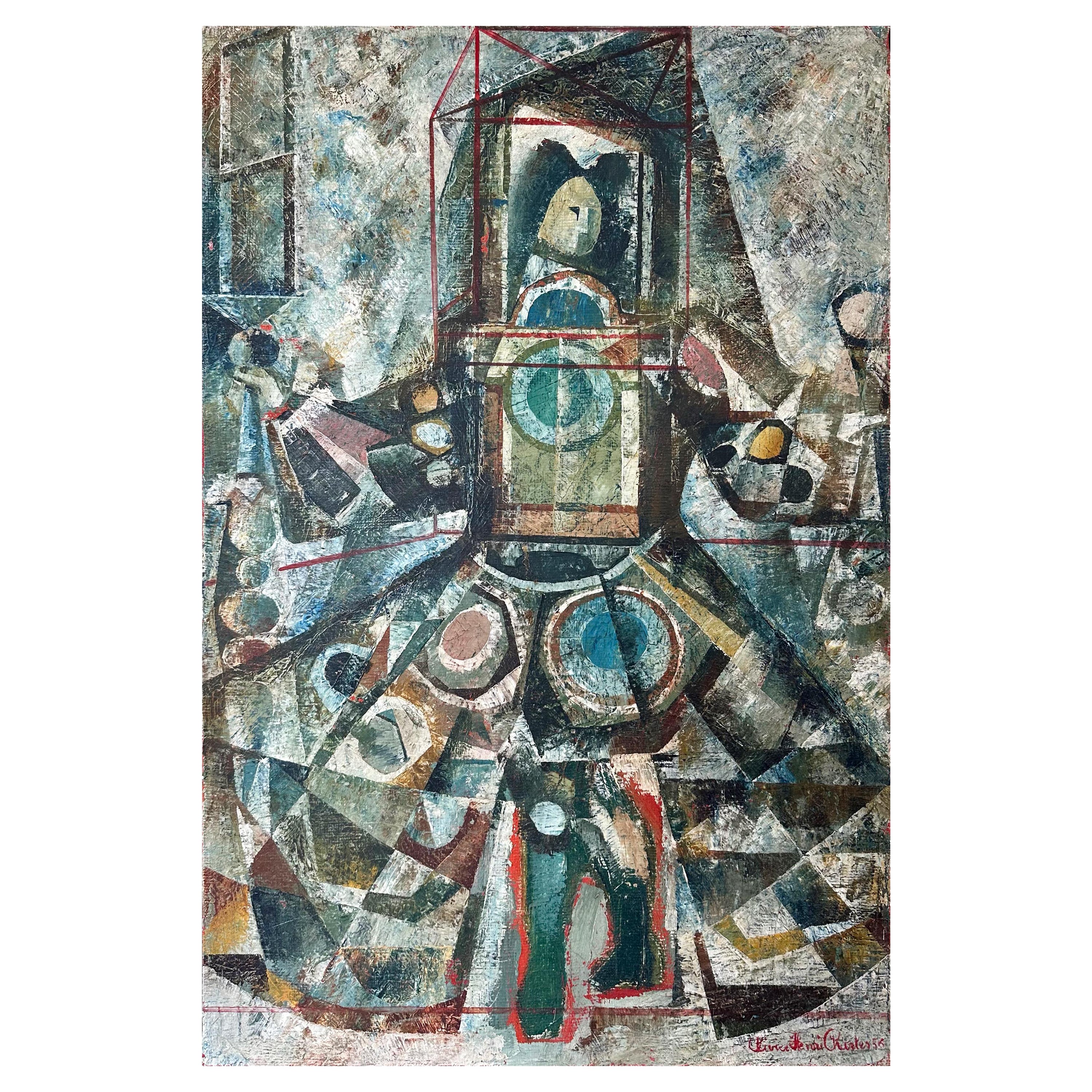 Peinture à l'huile cubiste sur toile, Olivier Charles, Prince Aldobrandini, 1956 en vente