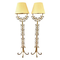 Pair of Italian Gilt Wrought Iron Floor Lamps with Glass Florets & Leaves, 1950s