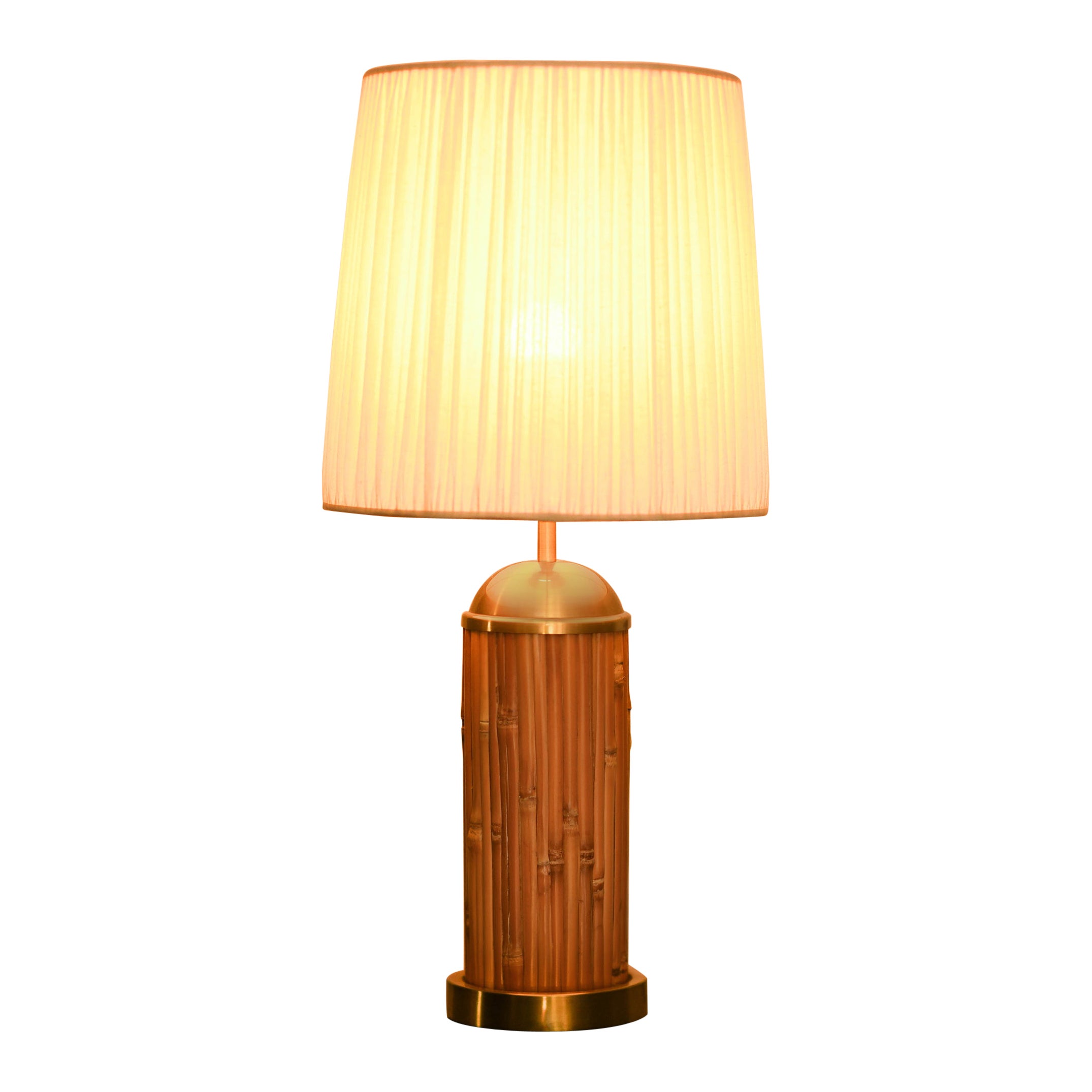 Table Lamp in Rattan and Brass from the 70s, Complete with Fabric Lampshade For Sale