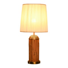 Table Lamp in Rattan and Brass from the 70s, Complete with Fabric Lampshade