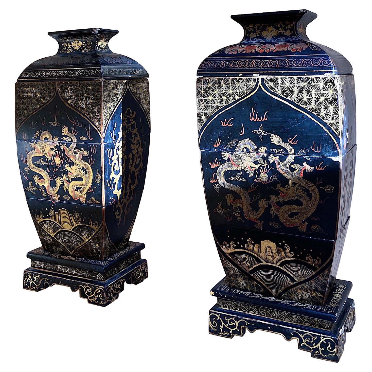 Pair of Chinese Republic Era Stacking Lacquered Box Set with Dragons, 1920s