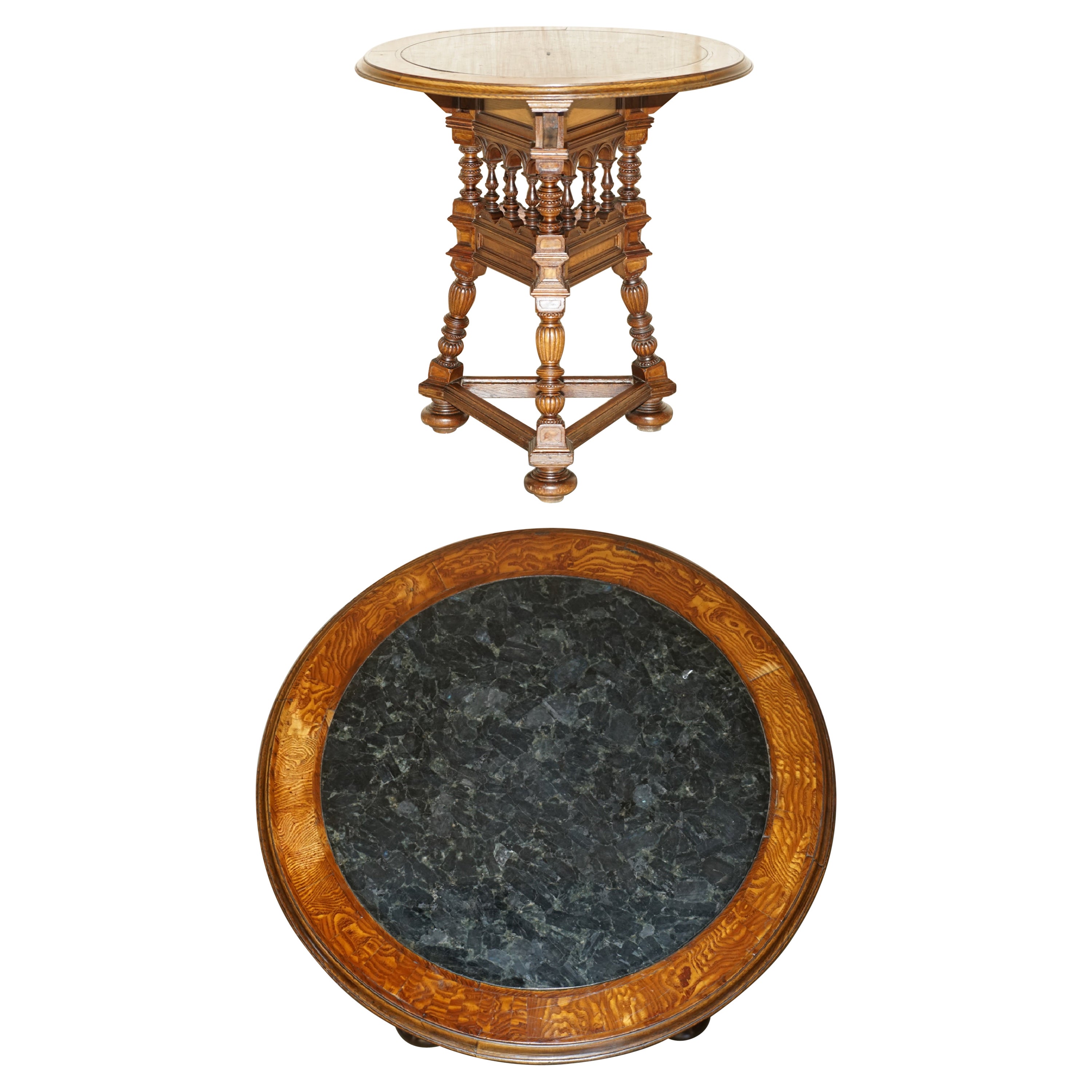 Antique Victorian Aesthetic Movement Carved Oak Elm & Marble Occasional Table For Sale
