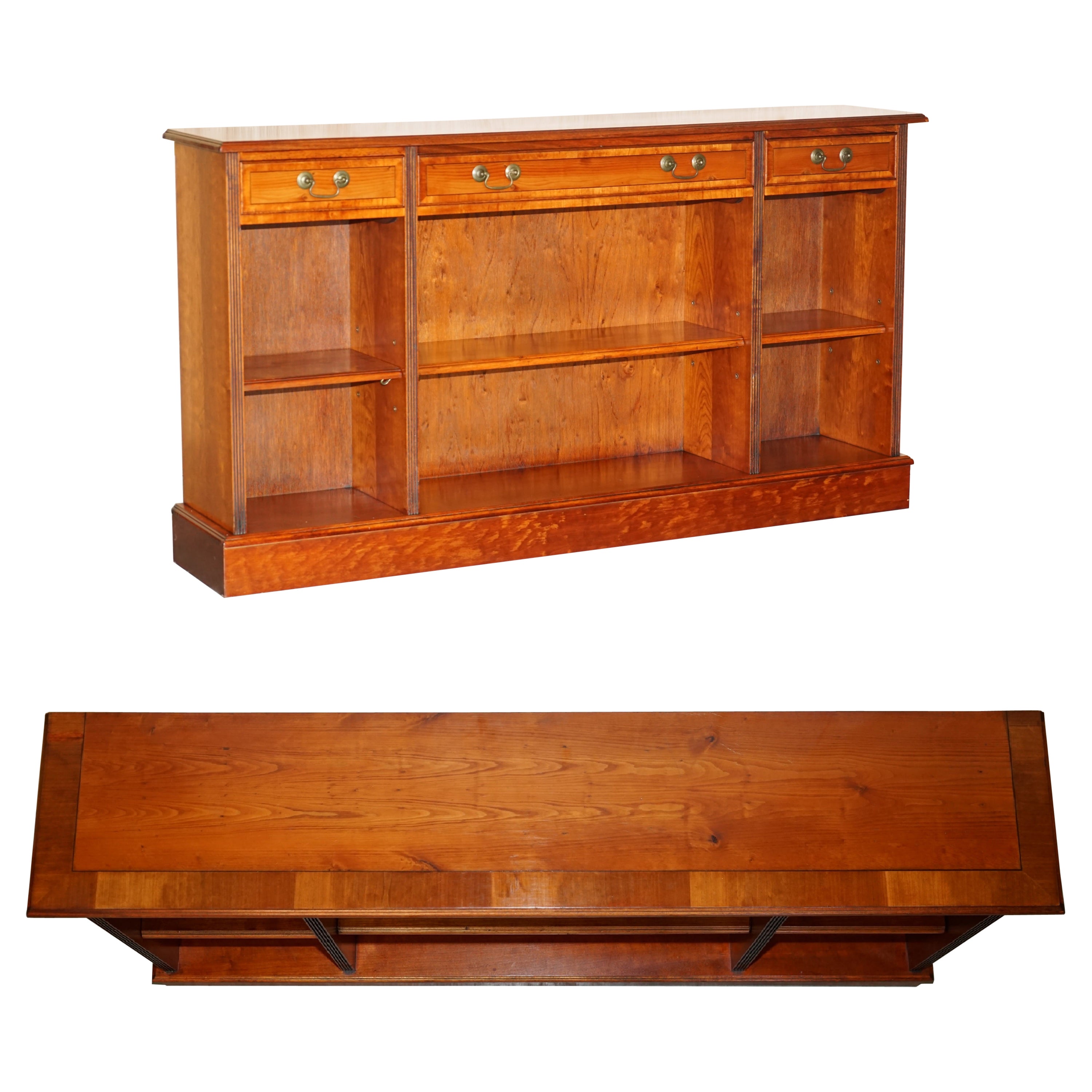 Vintage Burr Yew Wood Dwarf Open Bookcase or Sideboardthree Large Drawers