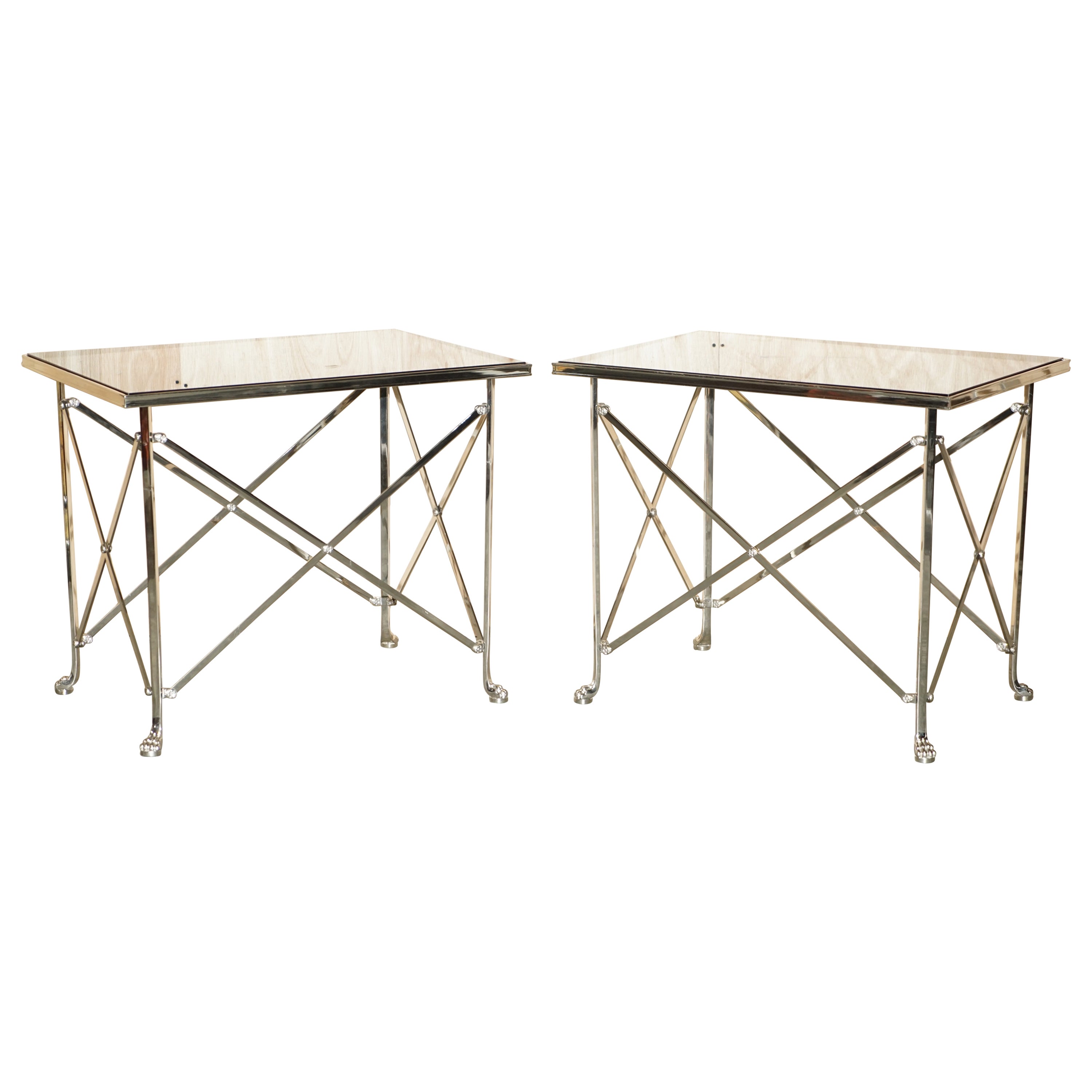 Pair of Ralph Lauren Bel Air Console Tables with Lions Paw Feet & Glass Tops