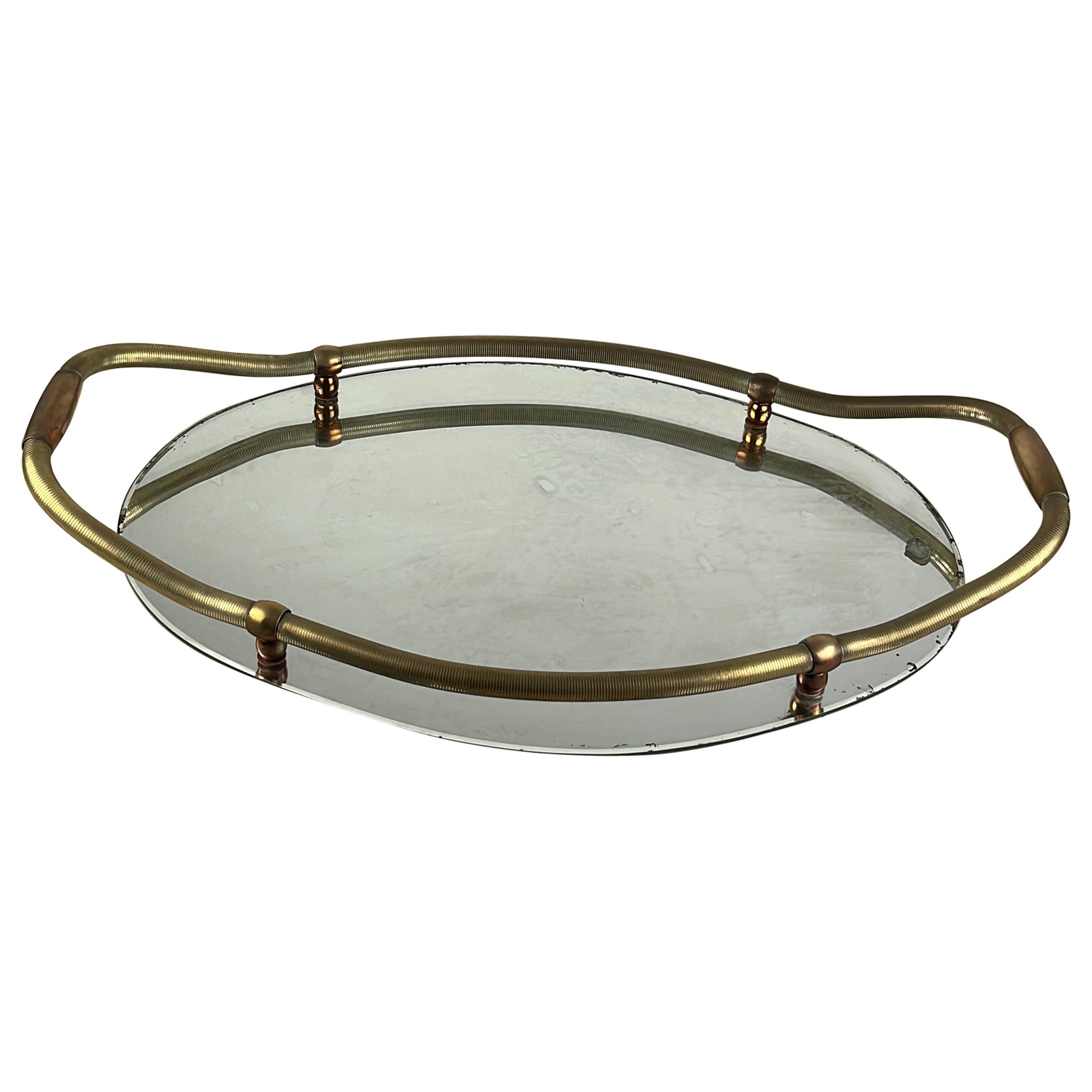 Large Oval Tray in Brass and Mirror, Italy, 1940s For Sale