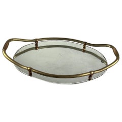 Antique Large Oval Tray in Brass and Mirror, Italy, 1940s