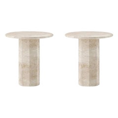 Pair of Ashby Round Side Table Handcrafted in Travertine