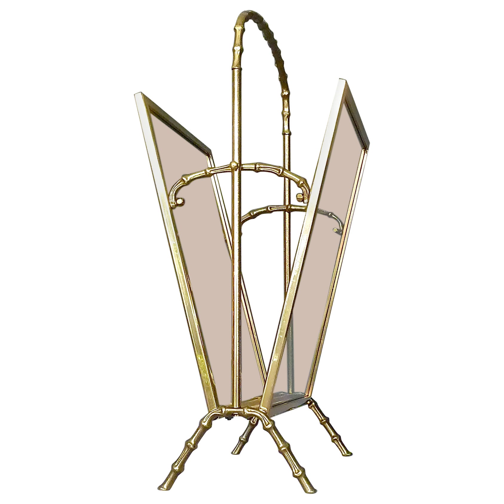 Rare Maison Bagues Faux Bamboo Magazine Rack Stand Brass Glass 1950s Jansen