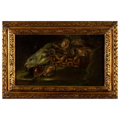 Antiguo bodegón barroco francés del siglo XVII con peces