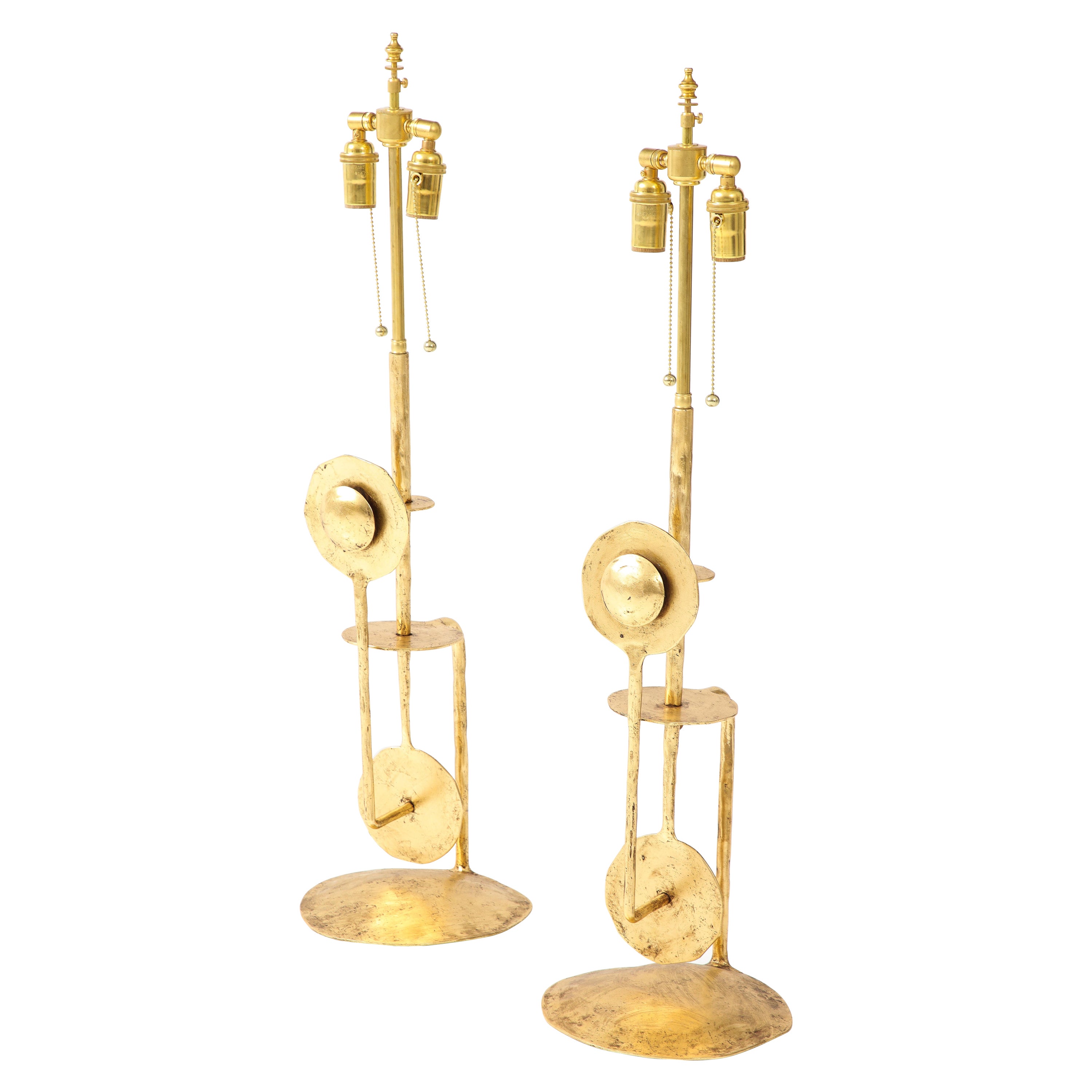 Brutalist Style Gilt Metal Italian Table Lamps For Sale