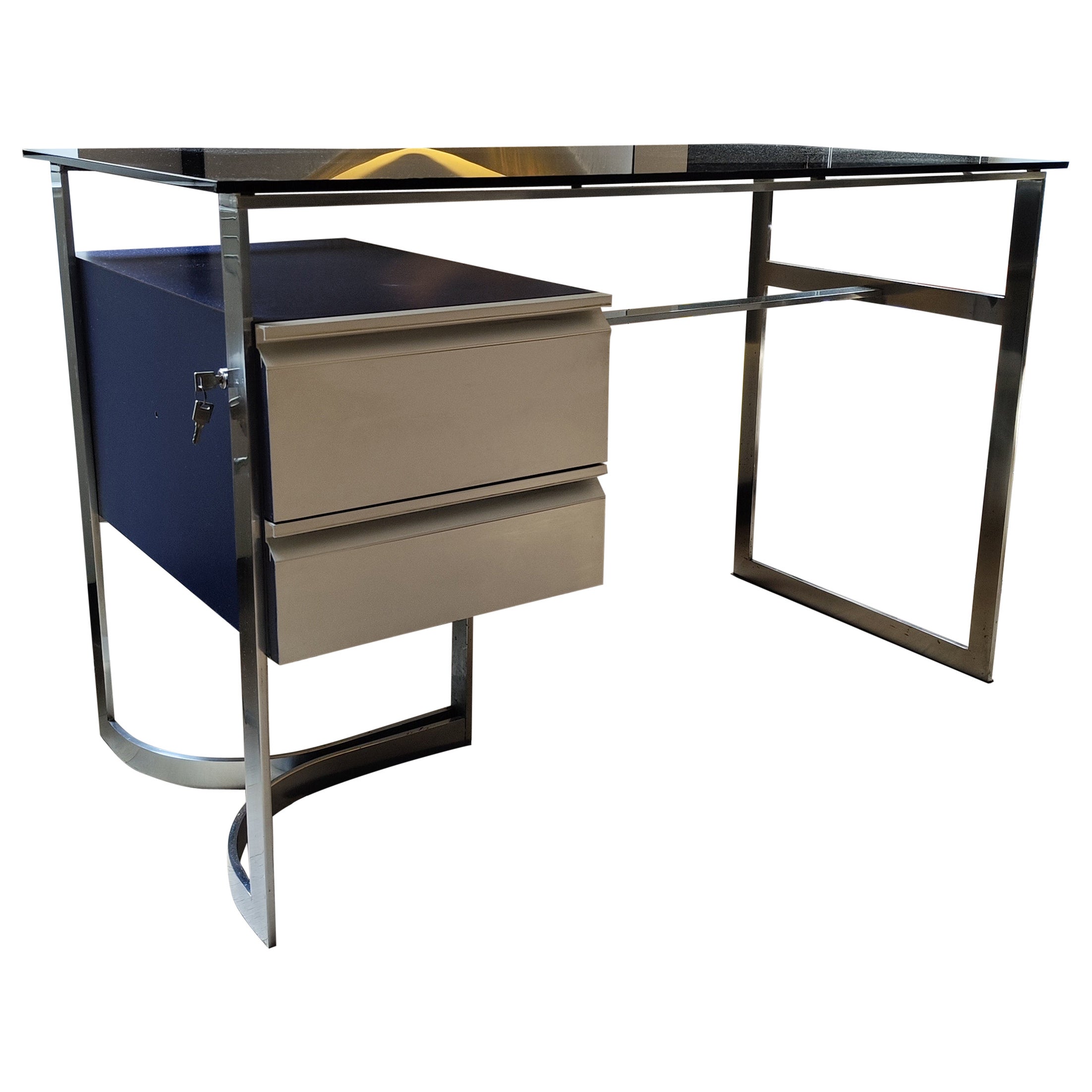 Patrice Maffei Desk for Kappa, 70s, Brushed Stainless Steel, Smoked Glass, 1970 For Sale