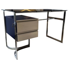 Patrice Maffei Desk for Kappa, 70s, Brushed Stainless Steel, Smoked Glass, 1970