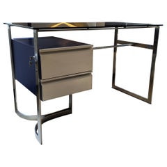 Used Patrice Maffei Desk for Kappa, 70s, Brushed Stainless Steel, Smoked Glass, 1970