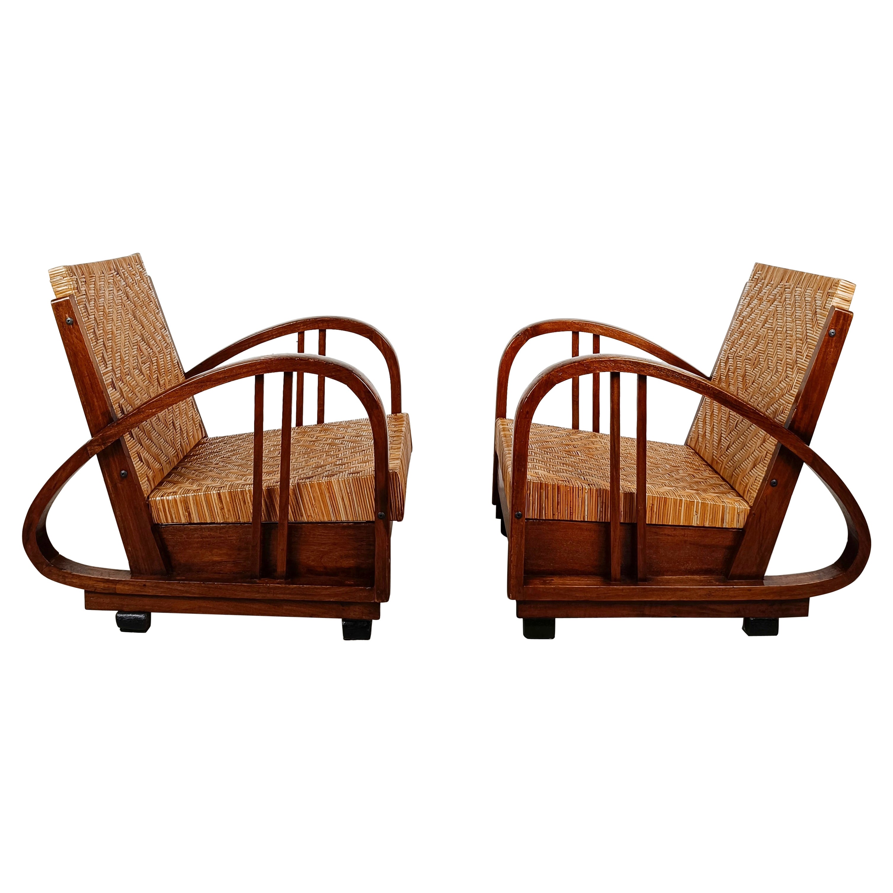 Pair of Art Deco Lounge Chairs in Teak and Cane in the Style of Francis Jourdain For Sale