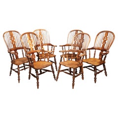 Antique Matched Set of Six 19th Century Yew Wood Windsor Armchairs