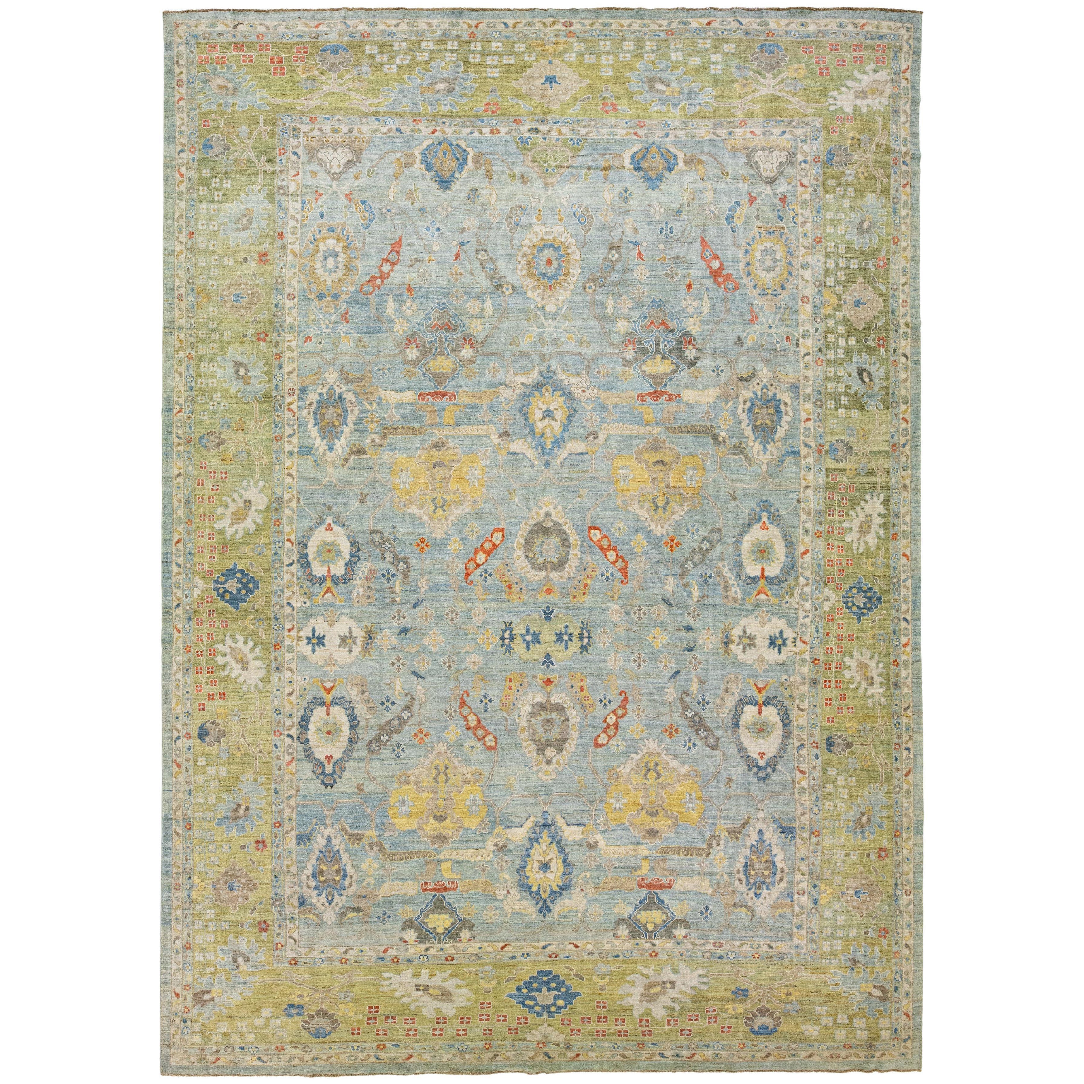 Floral Room Size Light Blue Modern Sultanabad Wool Rug