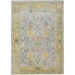 Floral Room Size Light Blue Modern Sultanabad Wool Rug