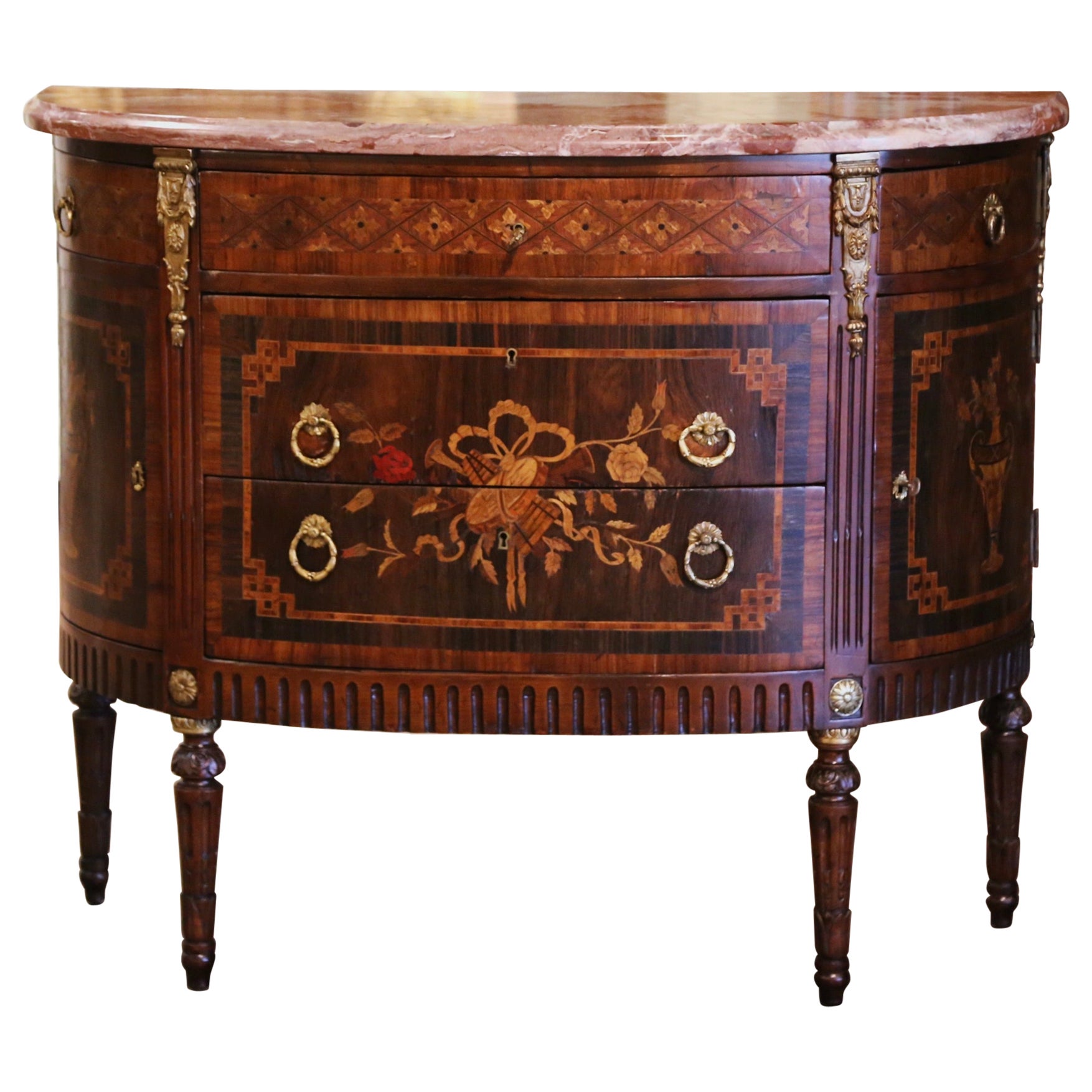 19th Century French Louis XVI Marble Top Carved Mahogany Demilune Commode Chest 