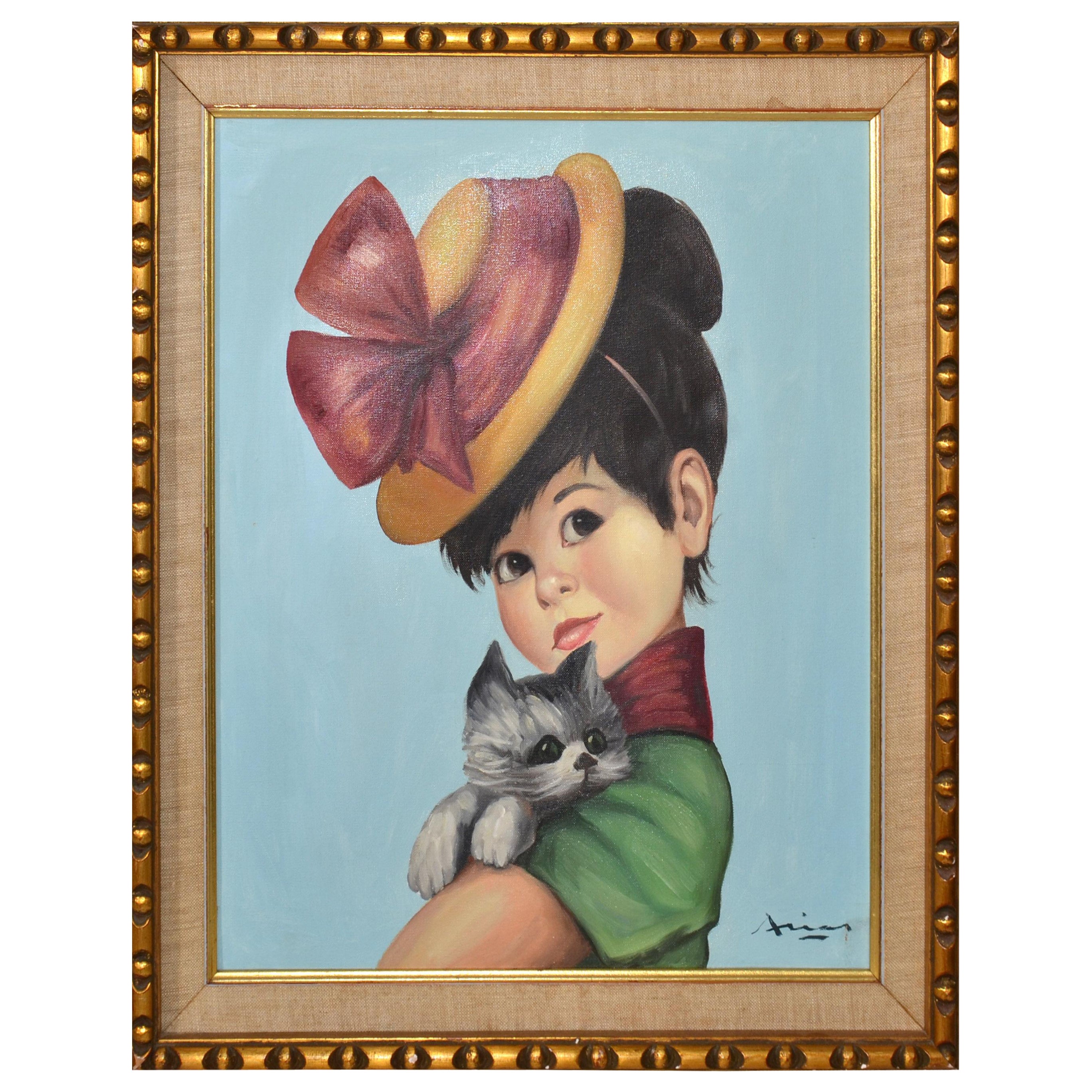 Peinture acrylique sur toile de style Régence avec cadre sculpté et doré, représentant une jeune fille espagnole et un chat gris  en vente