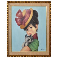 Regency Carved Gilt Framed Spanish Girl and Gray Cat Painting Acrylic on Canvas