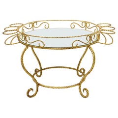 Table basse italienne Hollywood Regency en fer avec plateau rond en forme de miroir et corde dorée