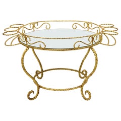 Vtg Italienischer Hollywood-Regency-Couchtisch mit runder Spiegelplatte aus Eisen und Goldseil