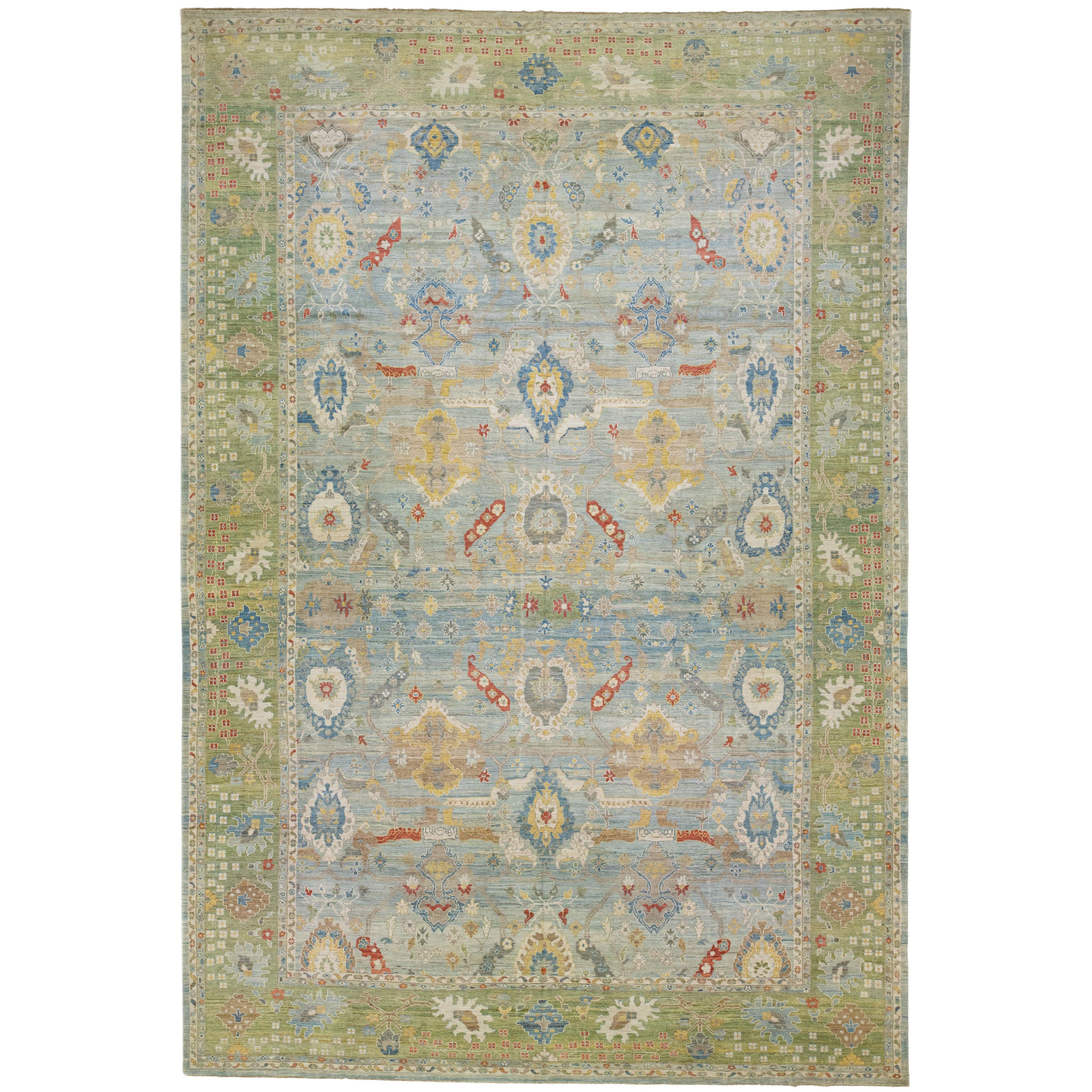 Modern Floral Light Blue over Size Sultanabad Wool Rug For Sale