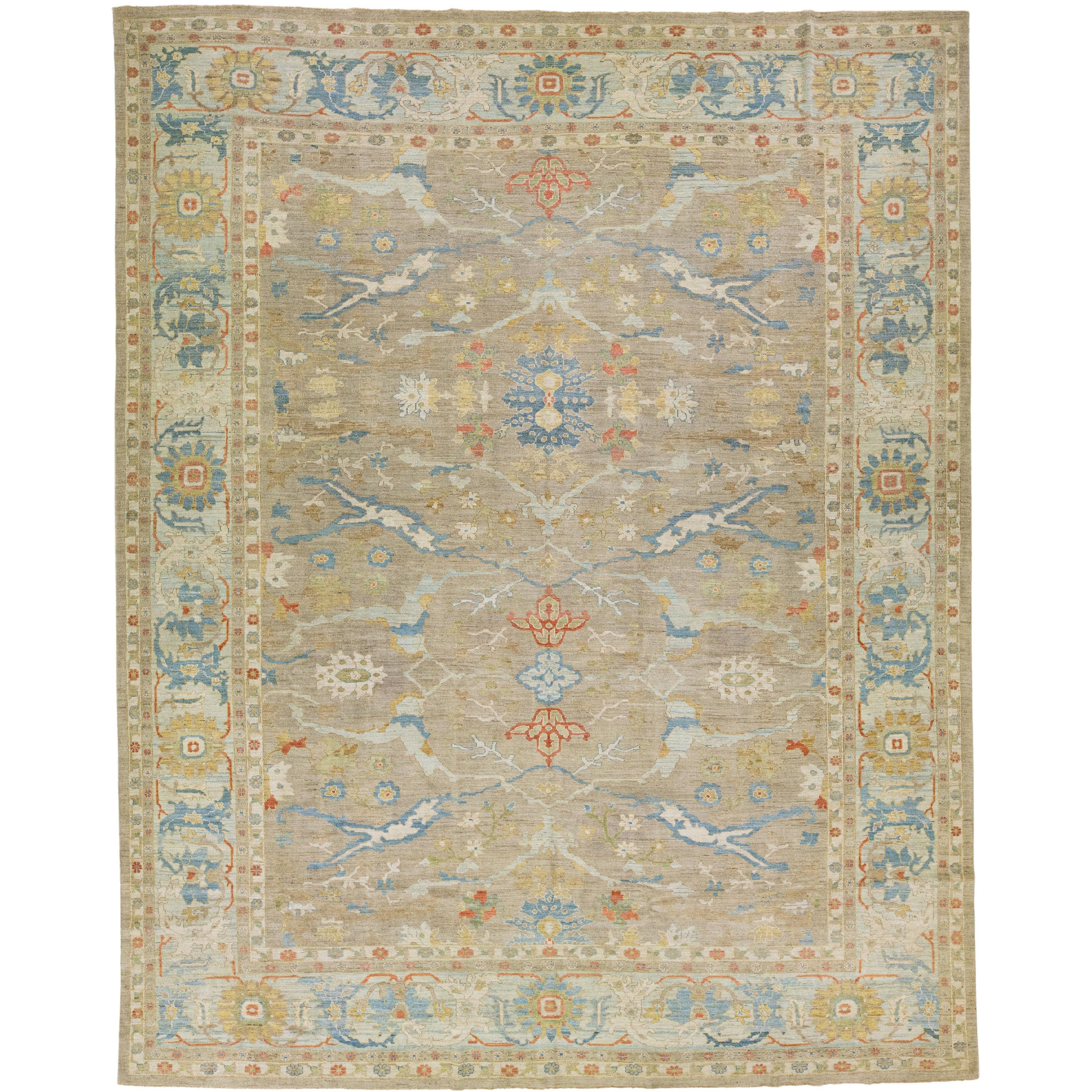 Modern Floral Beige Over Size Sultanabad Wool Rug
