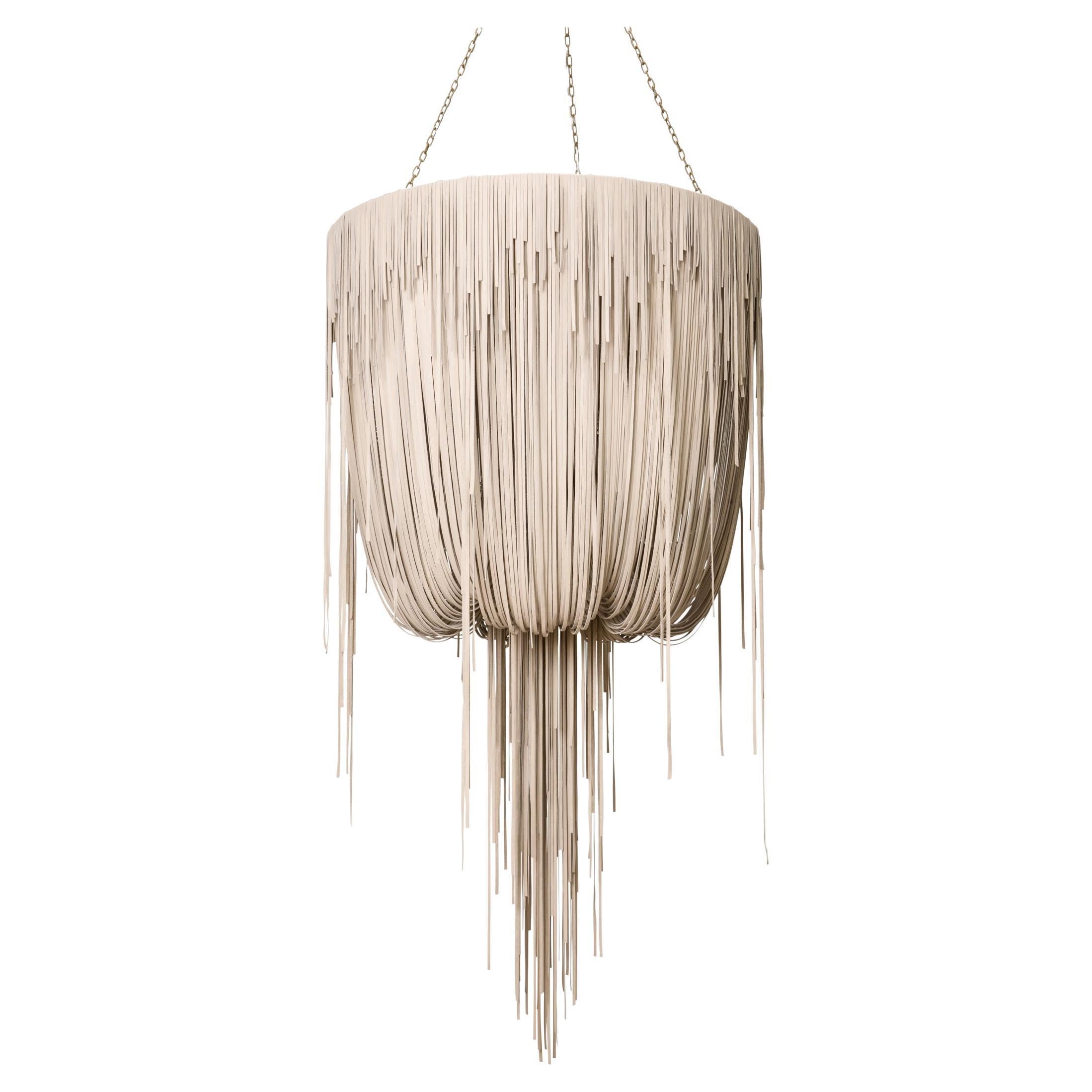 Urchin Leather Chandelier, Medium in Cream-Stone Leather For Sale