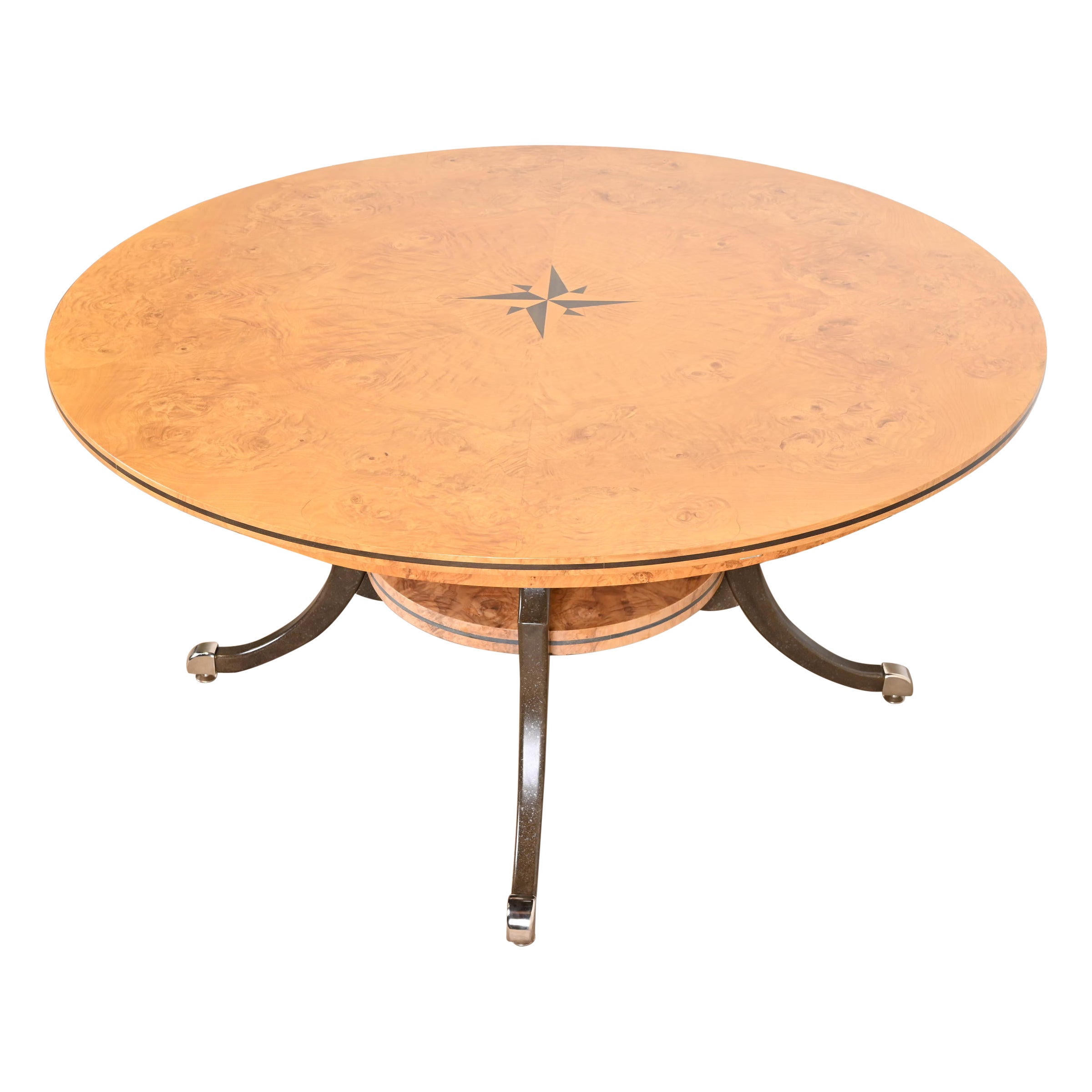Table de salle à manger à rallonge ronde à piédestal en bois de ronce incrusté de style Régence, nouvellement revernie en vente