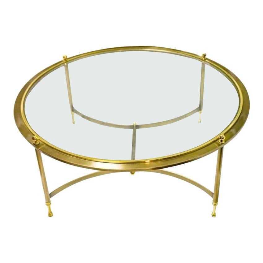 Maison Jansen Style Glass Top Round Coffee Table with Gold Tone Frame