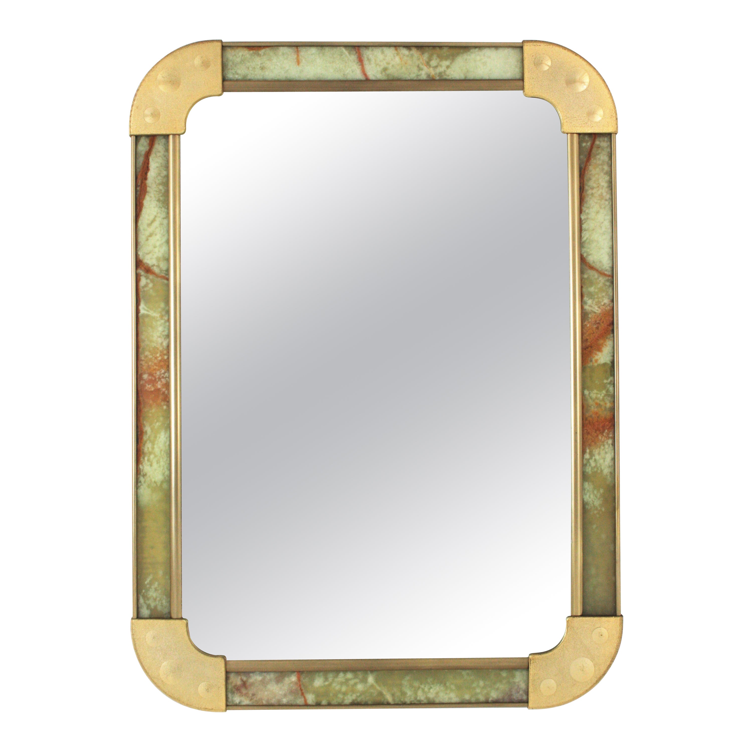 Spanish Midcentury Rectangular Mirror in Onyx and Brass For Sale