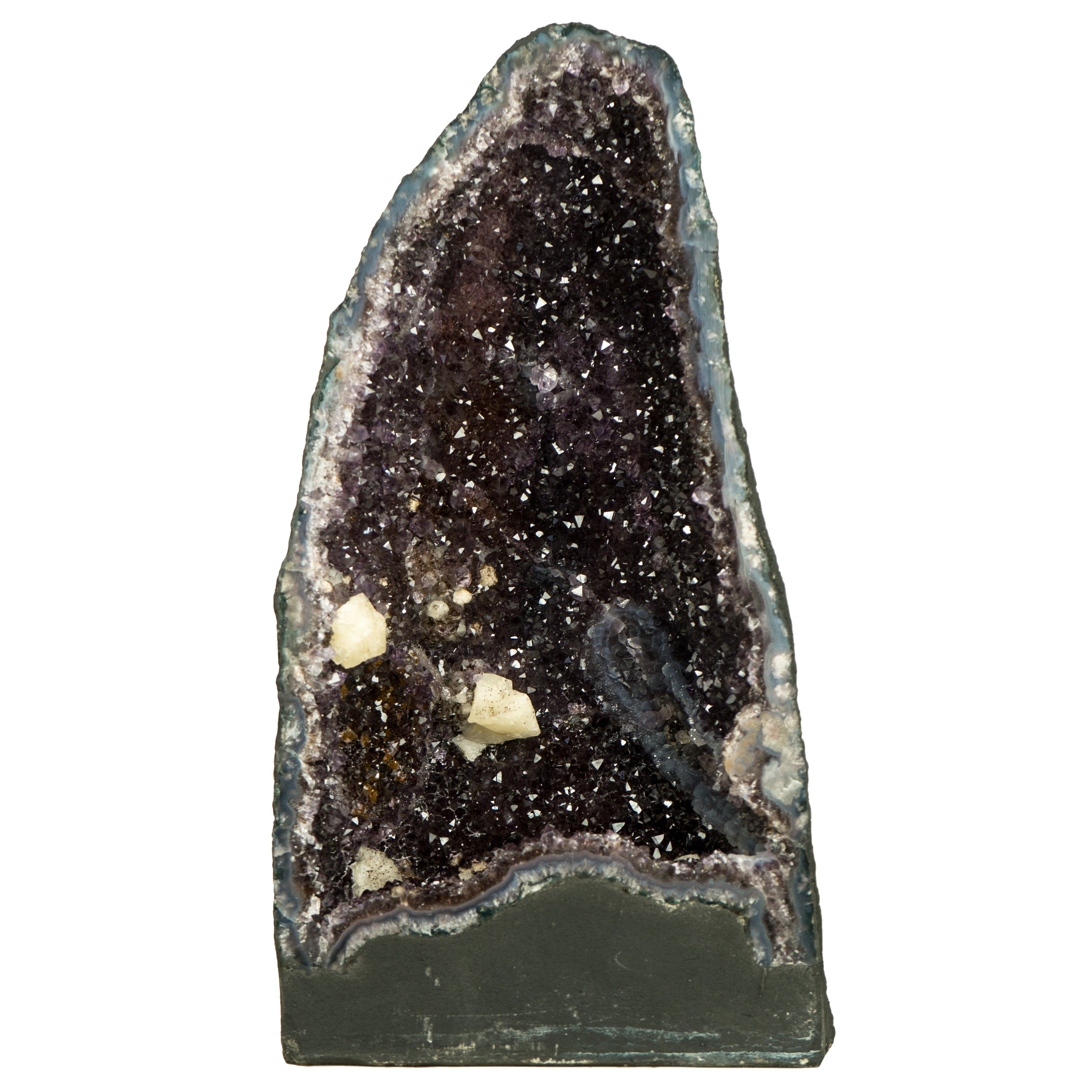 Natural Galaxy Amethyst Geode with Calcite, Agate and Sugar Druzy For Sale