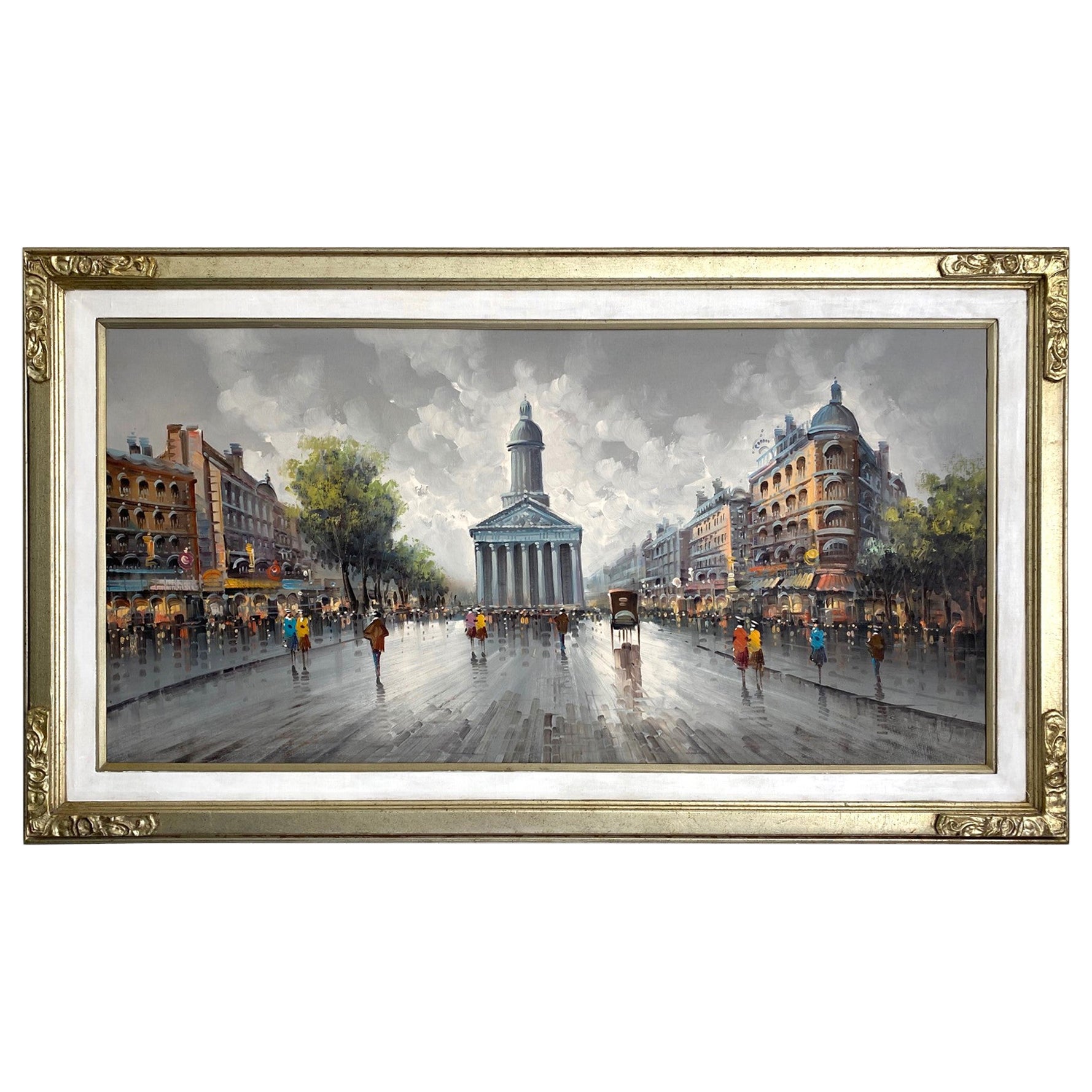 French Street Scene Painting Oil on Canvas For Sale