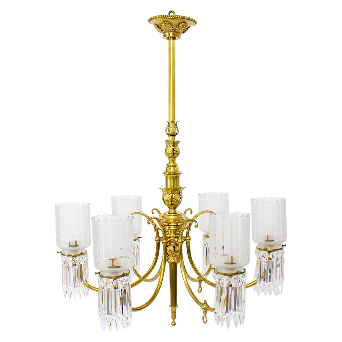 19th Century Gas and Electric Brass and Crystal Chandelier