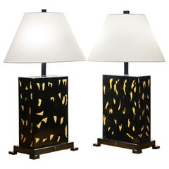 Pair of Archit Rectangular Lacquered Tablelamps w. Abstract Experssionist Motifs