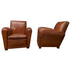 Pair of French Square back Leather Club Chairs, circa 1920