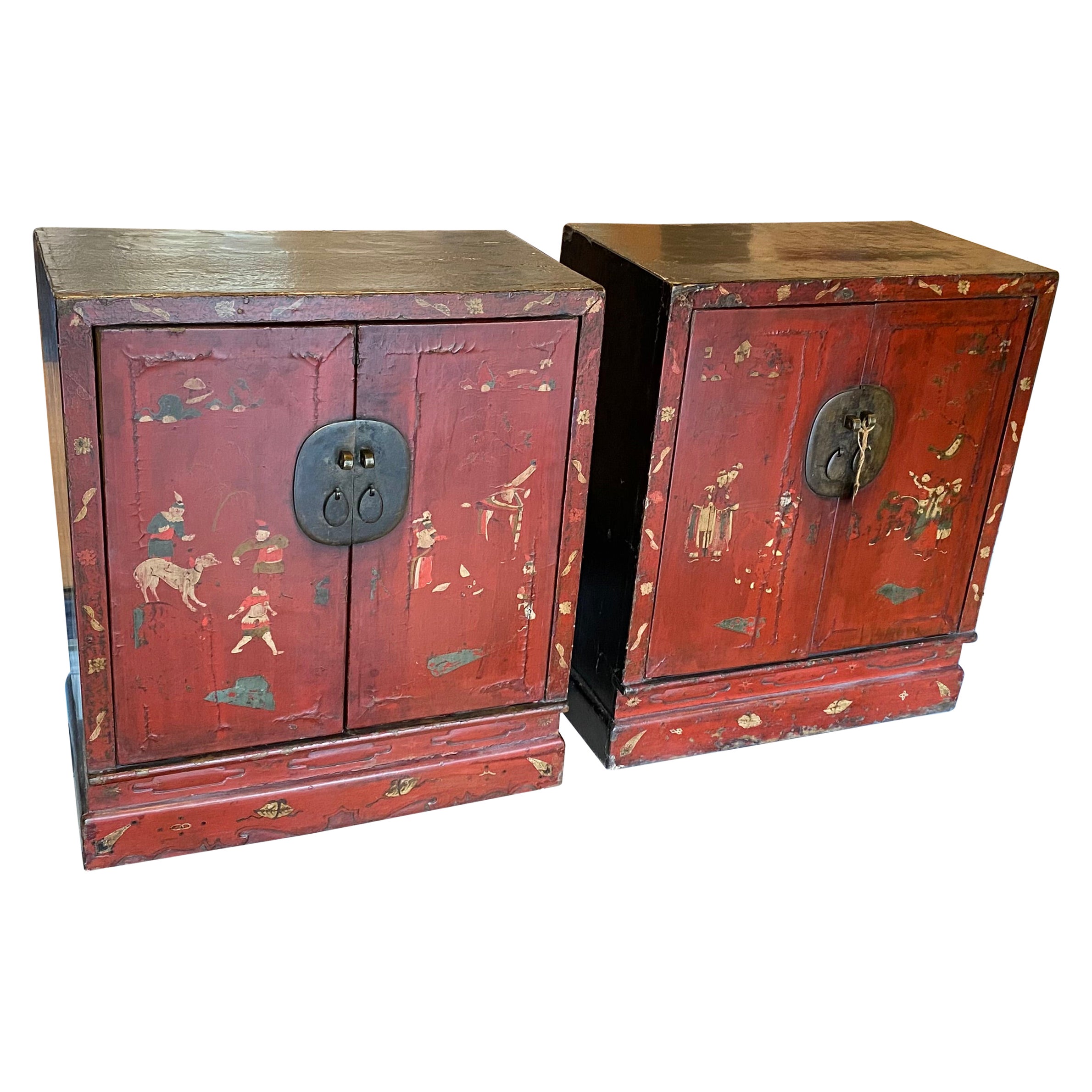 Pair of Chinese Red Lacquered Chinoiserie fronts Cabinets/Chest