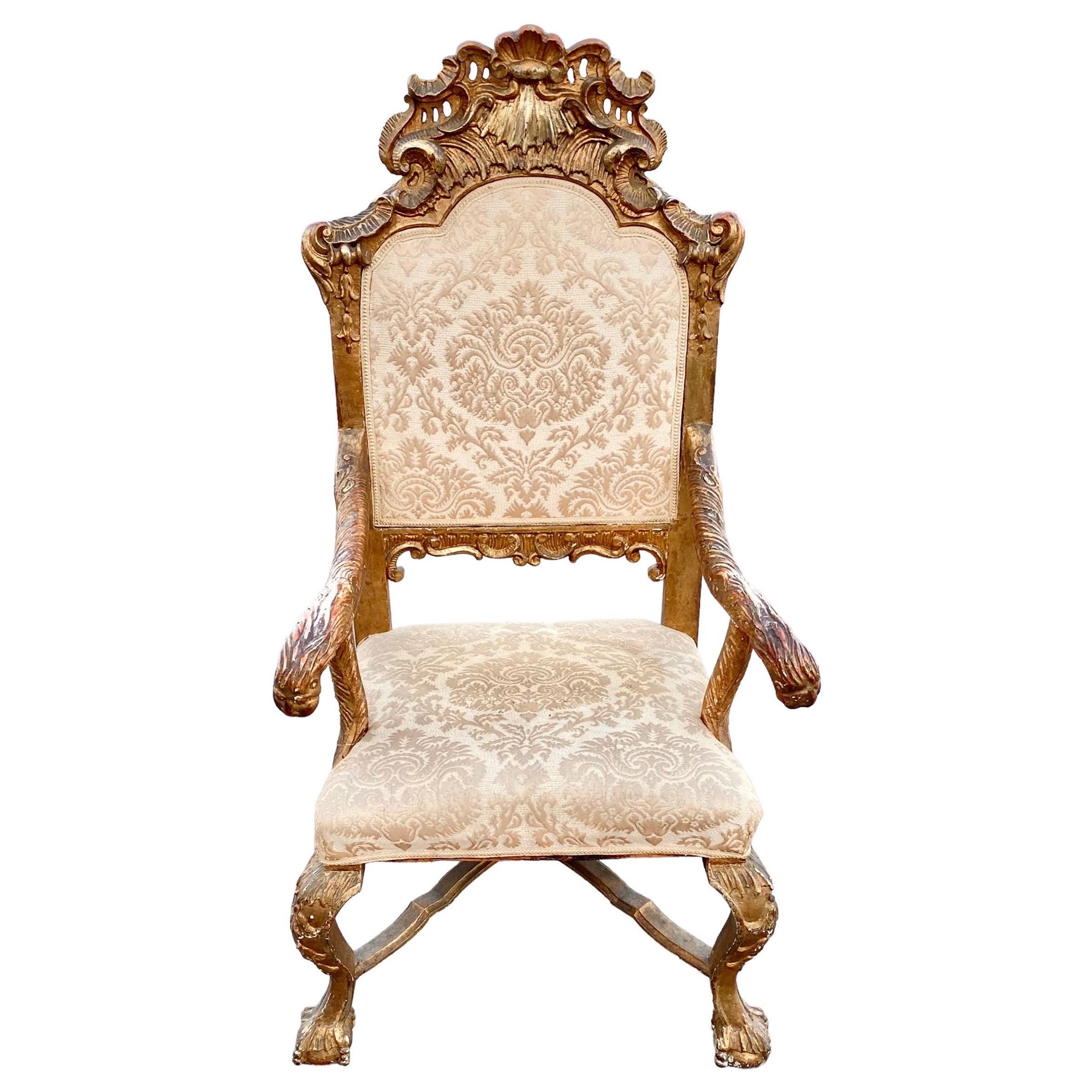 Antique 18th century Italian Rococo Giltwood Armchair For Sale