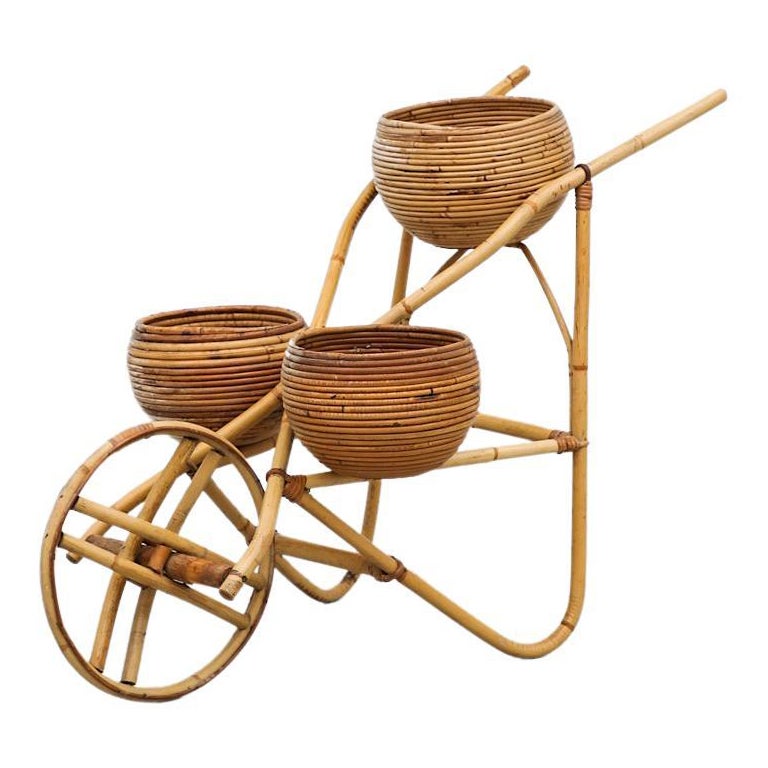 Vittorio Bonacina (attr) Mid-Century Light Bamboo Wheelbarrow Planter, 3 Baskets