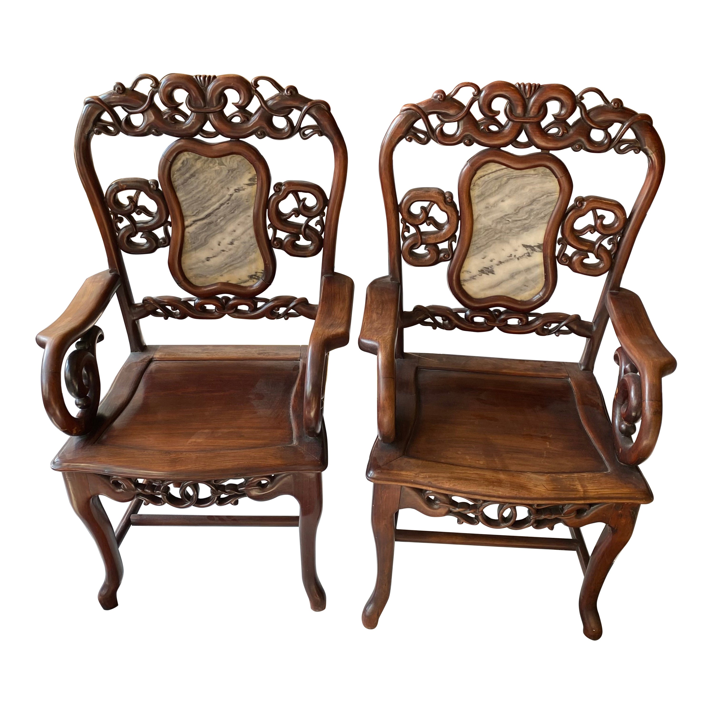 Pair of Chinese Antique Armchairs with Marble Inset For Sale